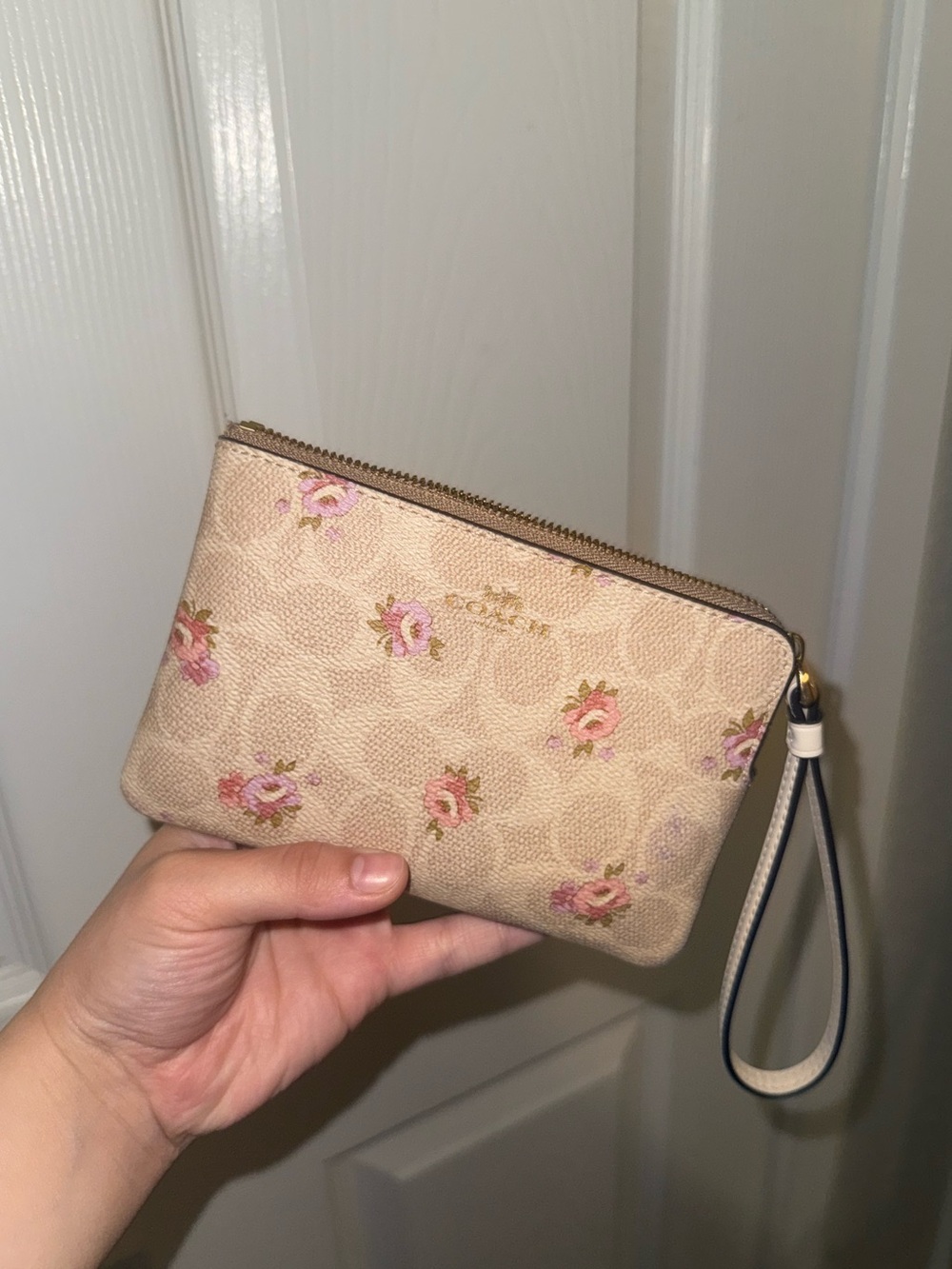 Coach Pink Floral Print Wristlet in Beige
